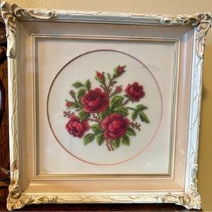 Vintage Floral Red Rose Petit-Point Embroidery Art in Ornate Cream Frame